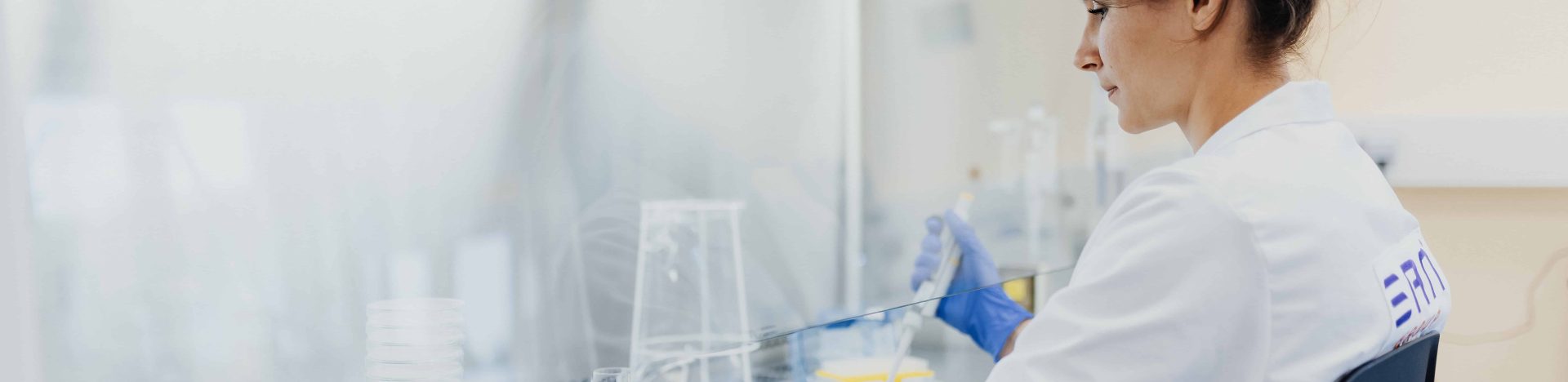 Laboratory researcher using a pipette inside a sterile workspace to prepare biological samples.